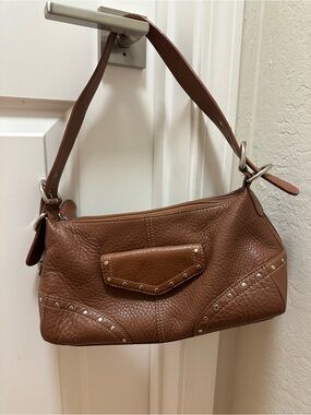 Vintage Fossil Tan Brown Pebbled Leather Shoulder Bag with Stud Accents